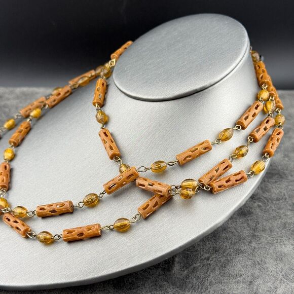 Carved Celluloid Brown Beads Necklace Faux Wood Early Plastic Art Deco VTG 26" - Picture 5 of 12